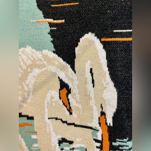 Adorable CIDER SWAN PRINT Black Sparkly KNIT Sweater Mini DRESS Boho Rare XS - Picture 4 of 6